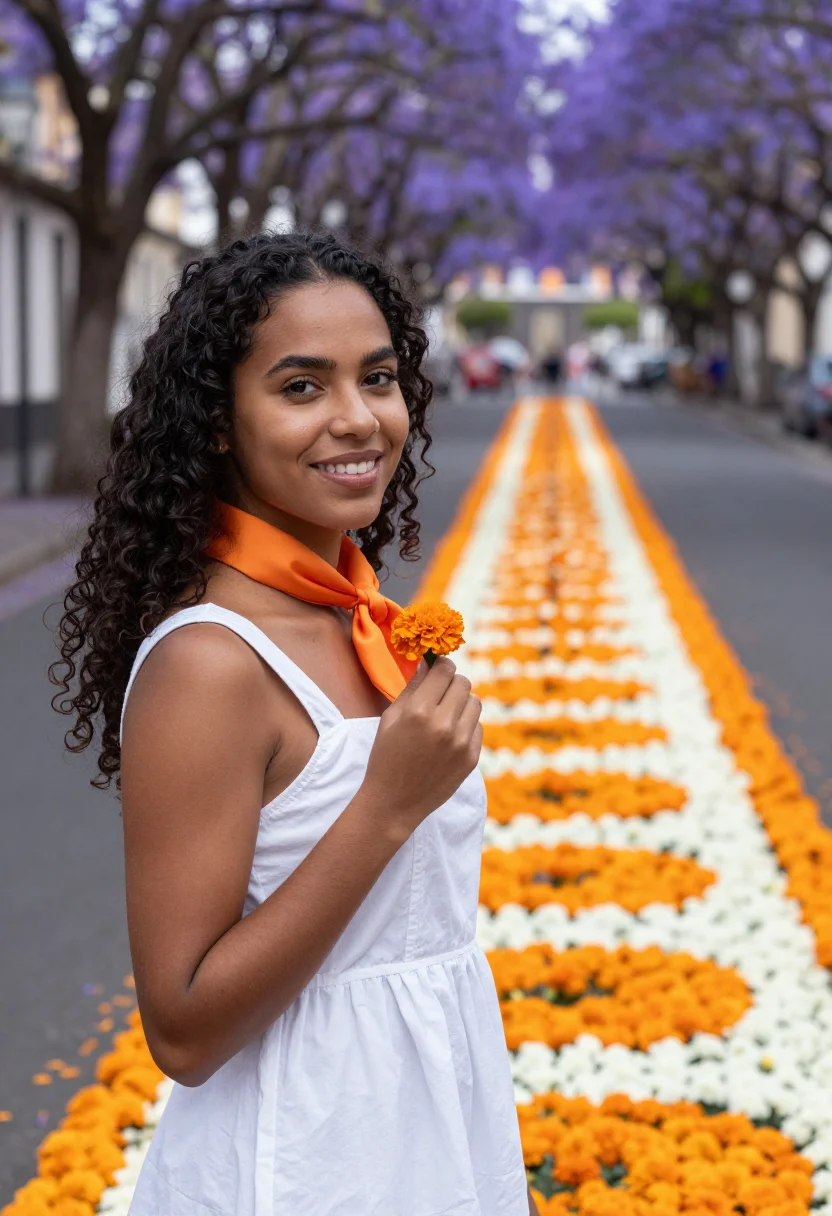 AI madeira flower festival may palette sample — portrait of a woman, a Brazilian traveller in her late twent