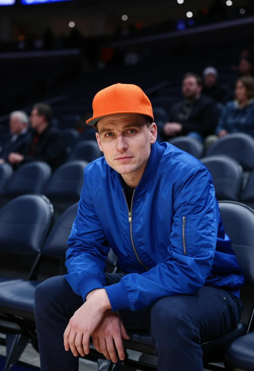 AI madison square garden knicks courtside orange blue sample — portrait of a man, an Irish-American basketball fan in his m