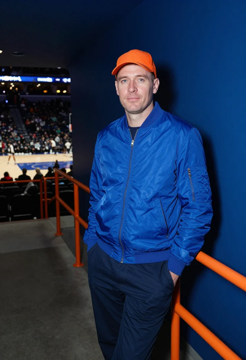 AI madison square garden knicks courtside orange blue sample — portrait of a man, a Polish-American basketball fan in his l