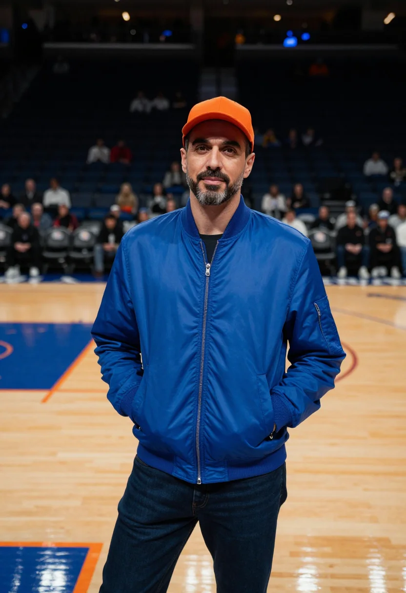 AI madison square garden knicks courtside orange blue sample — portrait of a man, a Greek-American basketball fan in his ea