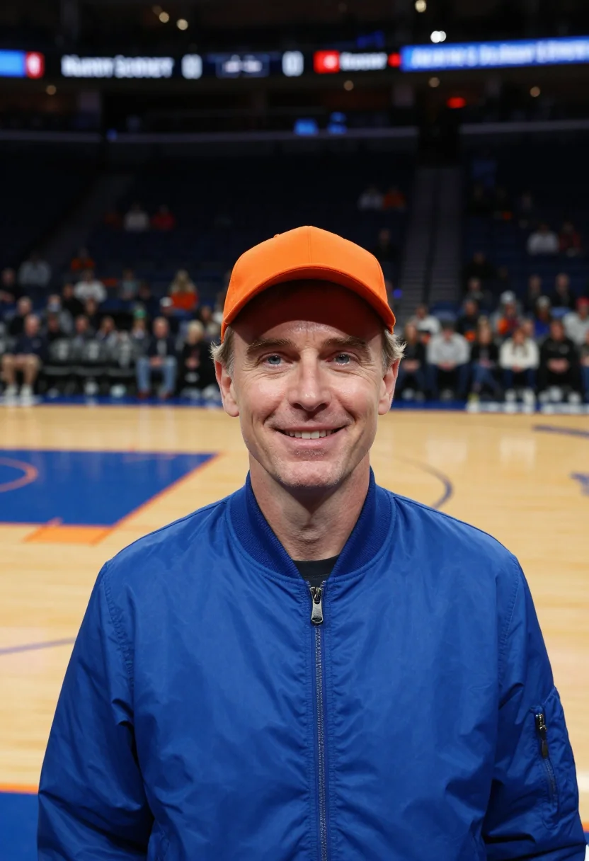 AI madison square garden knicks courtside orange blue sample — portrait of a man, an English basketball fan in his late thi