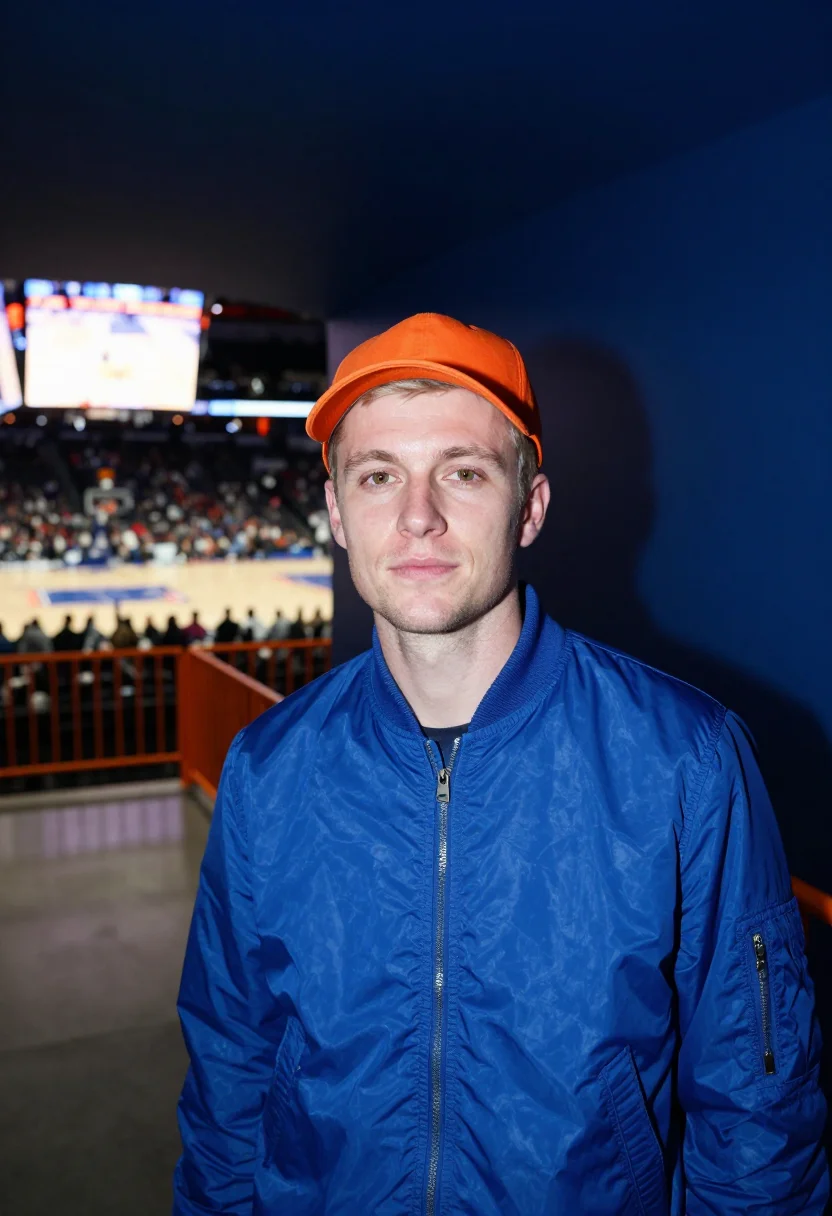 AI madison square garden knicks courtside orange blue sample — portrait of a man, a Dutch basketball fan in his early thirt