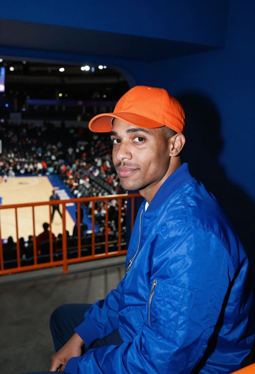 AI madison square garden knicks courtside orange blue sample — portrait of a man, a Dominican-American basketball fan in hi