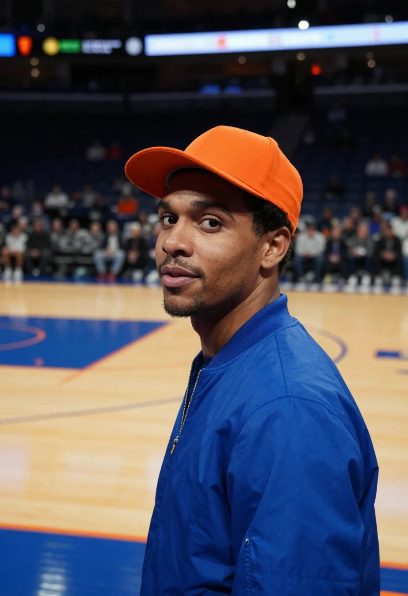 AI madison square garden knicks courtside orange blue sample — portrait of a man, a Puerto Rican basketball fan in his earl