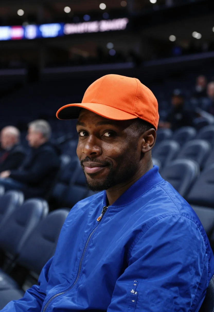 AI madison square garden knicks courtside orange blue sample — portrait of a man, an African-American basketball fan in his
