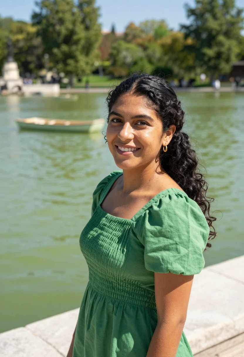 AI madrid retiro lake may green date sample — portrait of a woman, a woman in her early thirties of Colomb