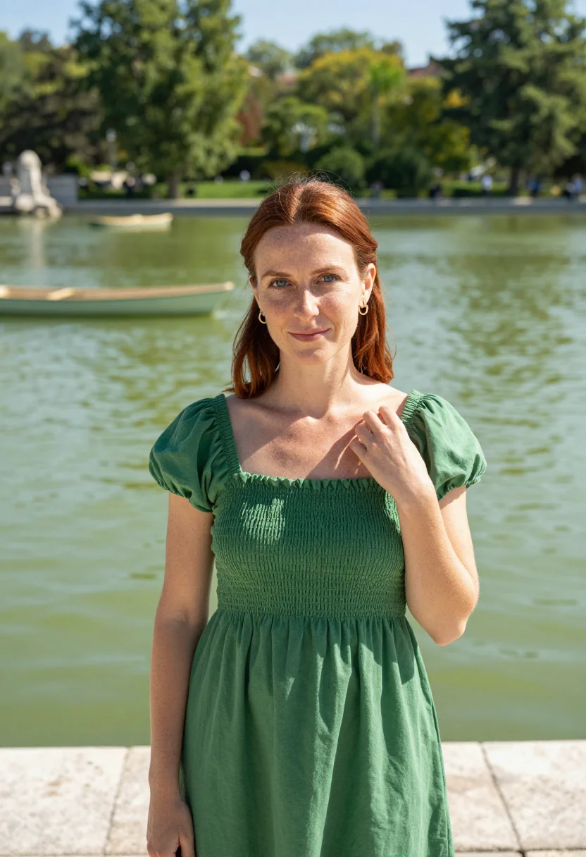 AI madrid retiro lake may green date sample — portrait of a woman, a woman in her mid-thirties of Galician