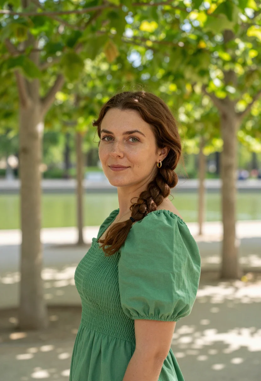 AI madrid retiro lake may green date sample — portrait of a woman, a woman in her mid-twenties of Basque d