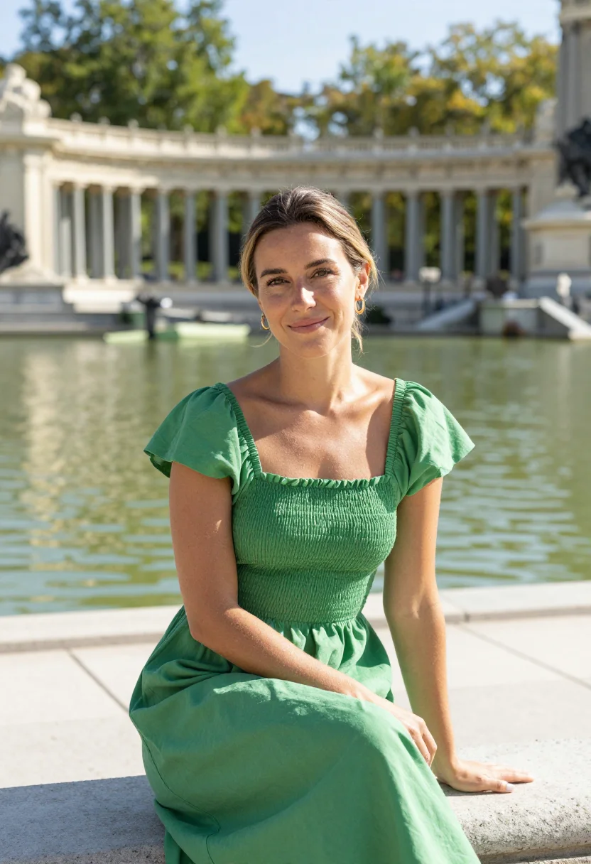 AI madrid retiro lake may green date sample — portrait of a woman, a woman in her early thirties of Italia