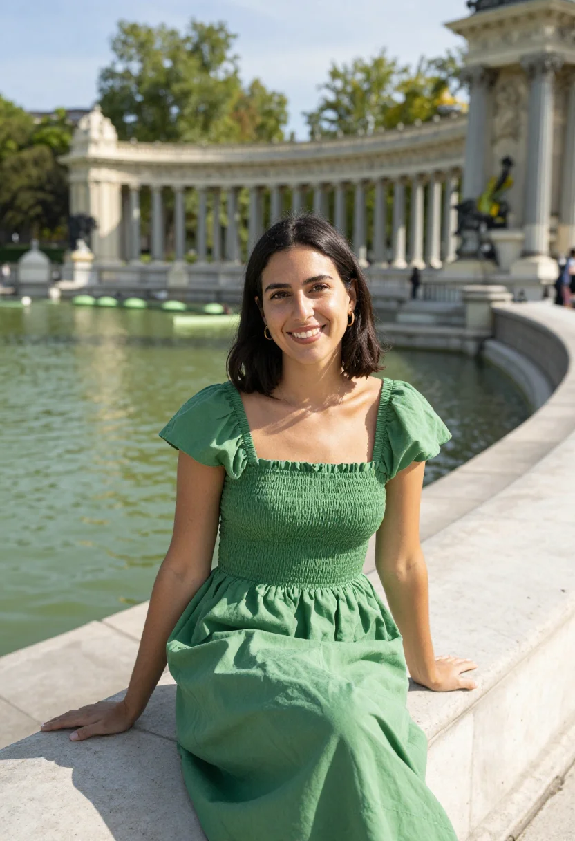 AI madrid retiro lake may green date sample — portrait of a woman, a woman in her late twenties of Catalan