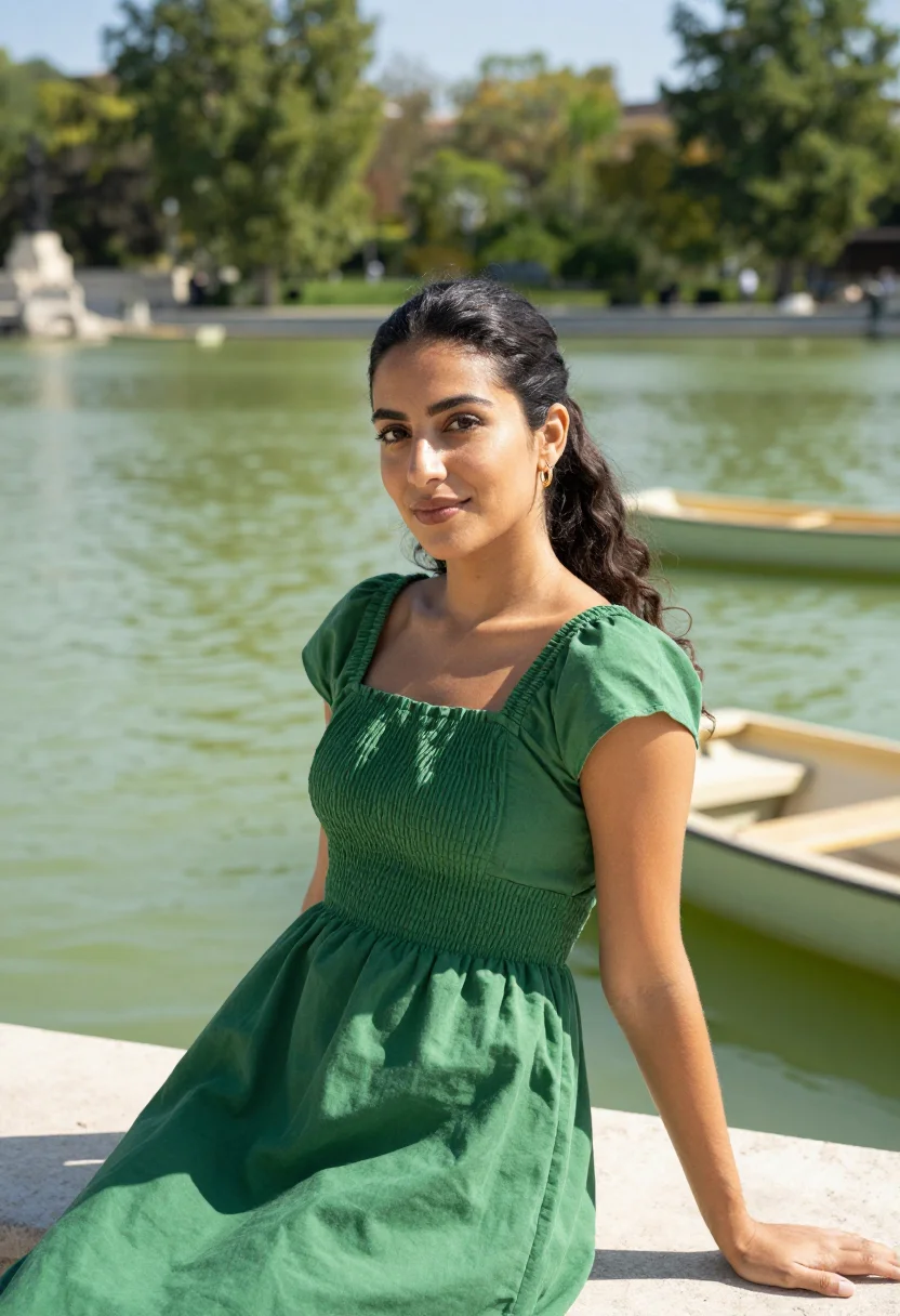AI madrid retiro lake may green date sample — portrait of a woman, a woman in her late twenties of Morocca