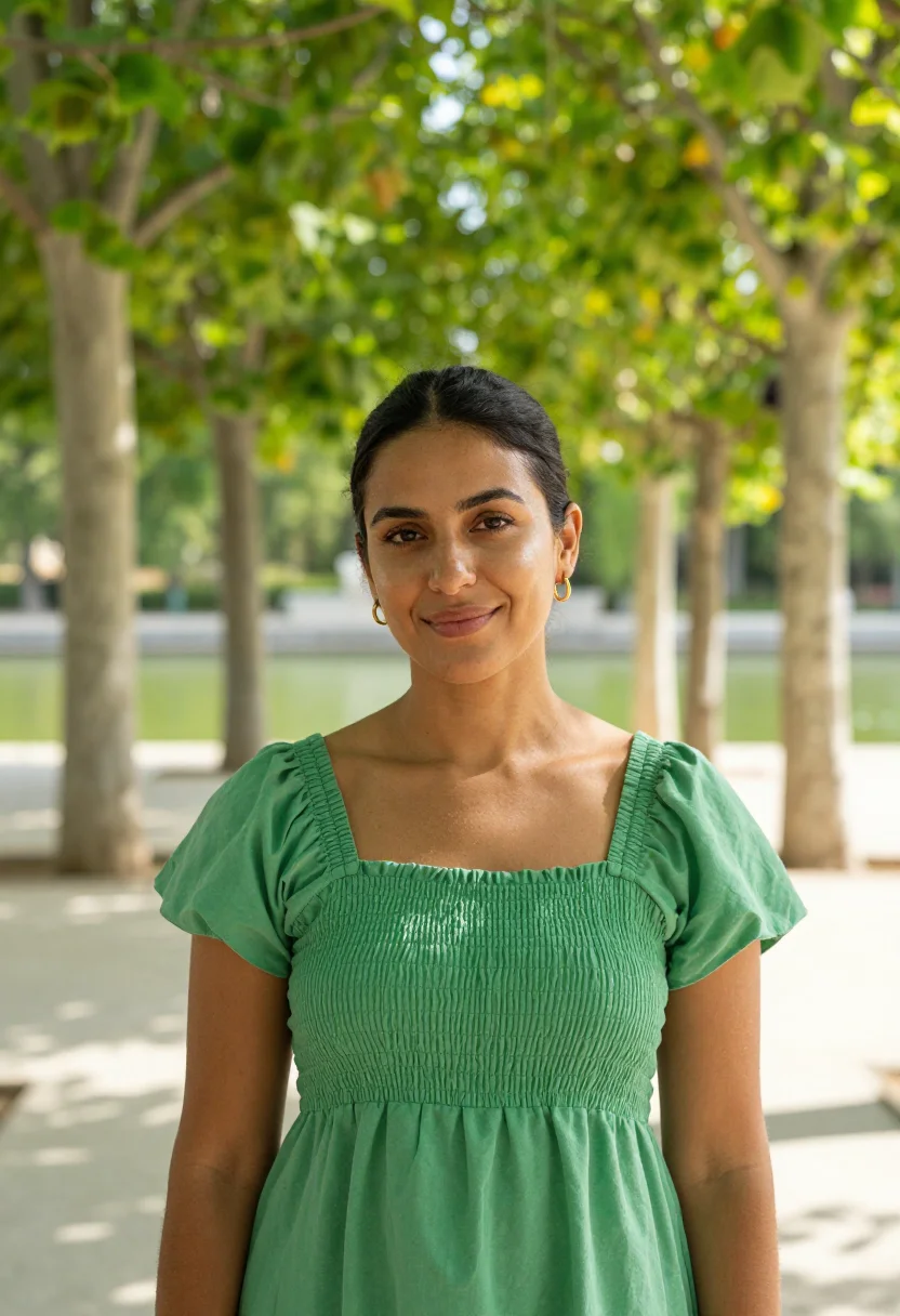 AI madrid retiro lake may green date sample — portrait of a woman, a woman in her early thirties of Andalu