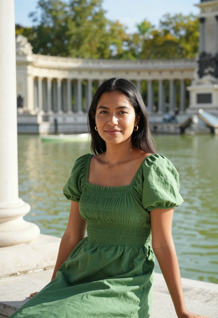AI madrid retiro lake may green date sample — portrait of a woman, a woman in her late twenties of Filipin