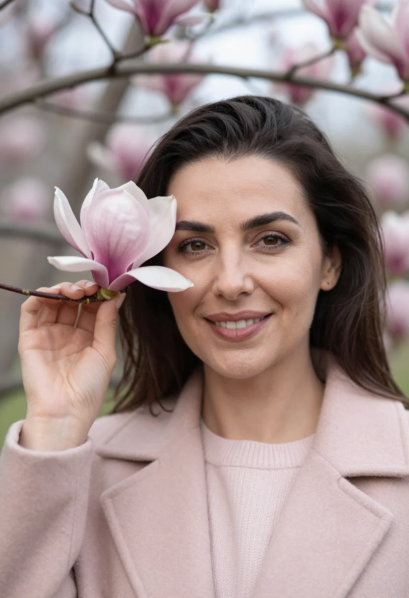 AI magnolia march blush sample — portrait of a woman, head-and-shoulders portrait of a Medite