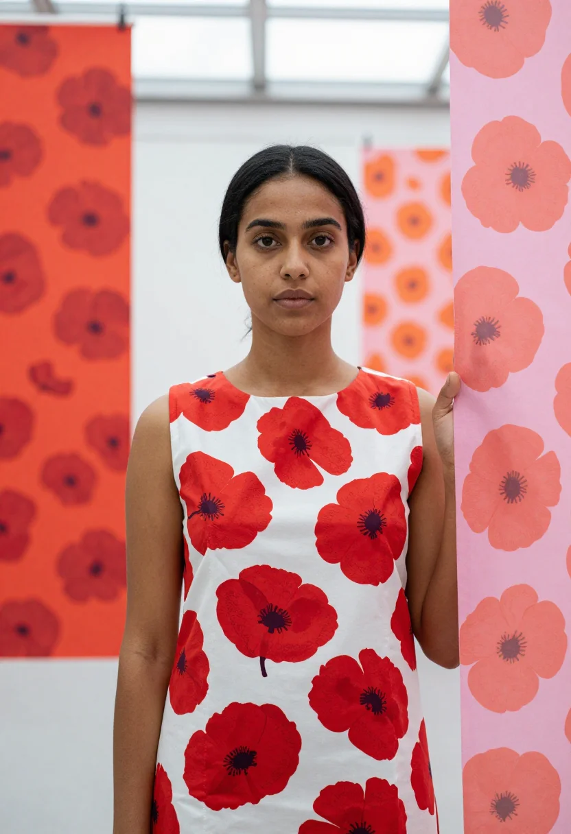 AI maija isola marimekko helsinki unikko may palette sample — portrait of a woman, framed chest-up from the ribs, the body