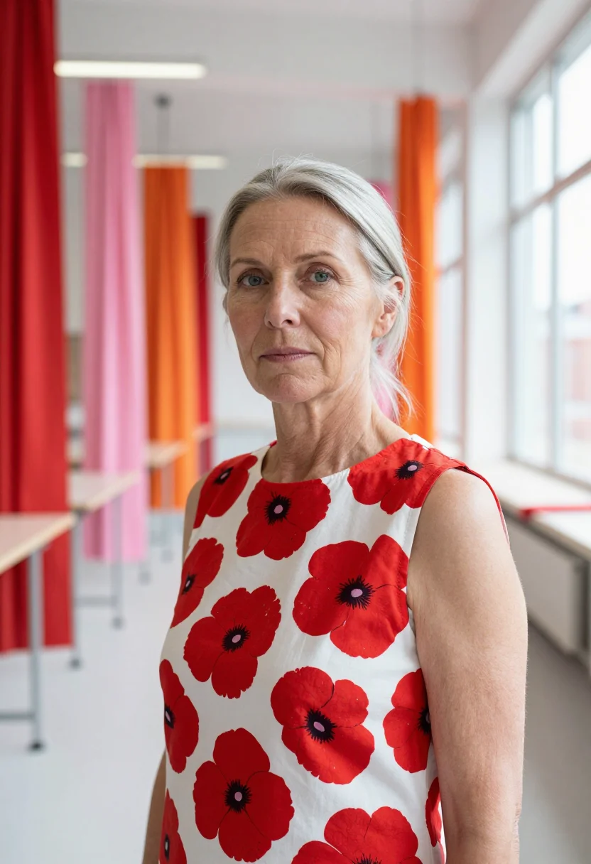AI maija isola marimekko helsinki unikko may palette sample — portrait of a woman, framed tight, head and shoulders, the b