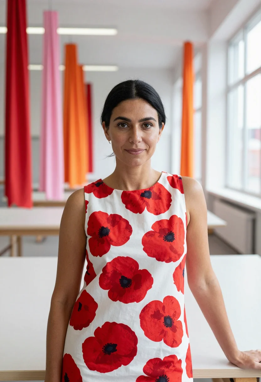 AI maija isola marimekko helsinki unikko may palette sample — portrait of a woman, framed chest-up from the ribs, the body