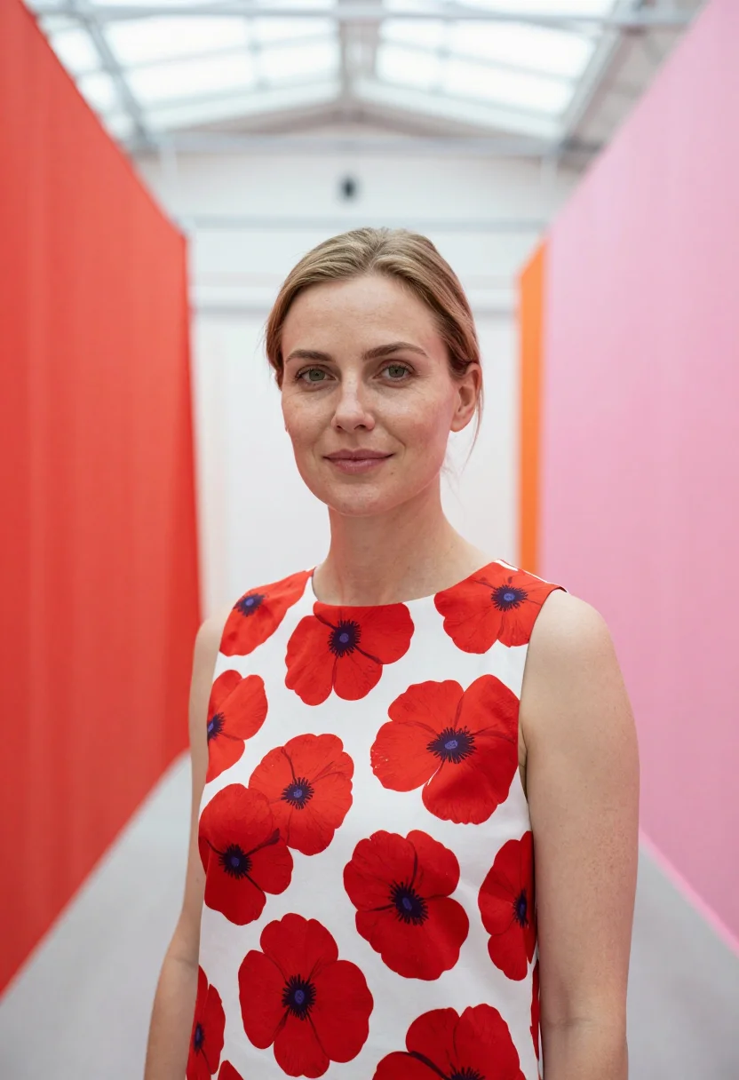 AI maija isola marimekko helsinki unikko may palette sample — portrait of a woman, framed tight, head and shoulders, the b