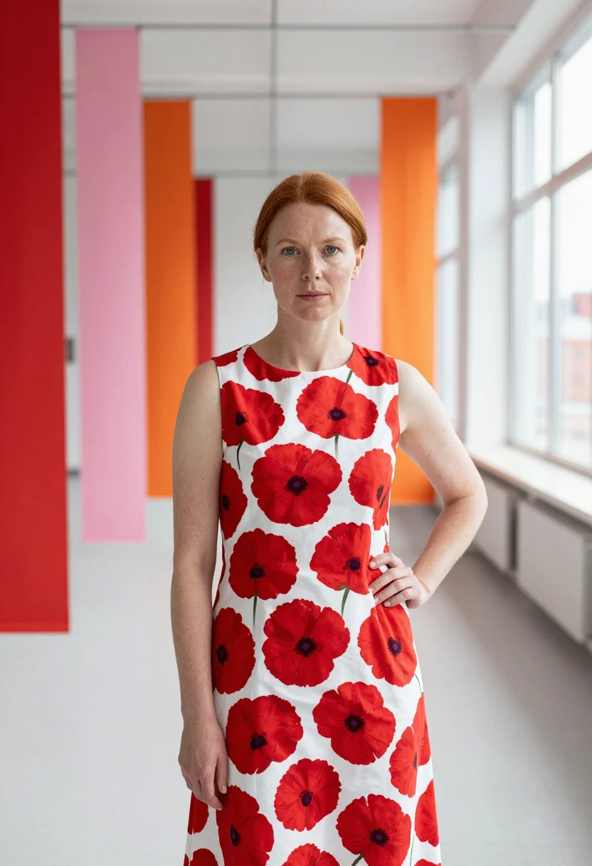 AI maija isola marimekko helsinki unikko may palette sample — portrait of a woman, framed half-length from the waist up, t