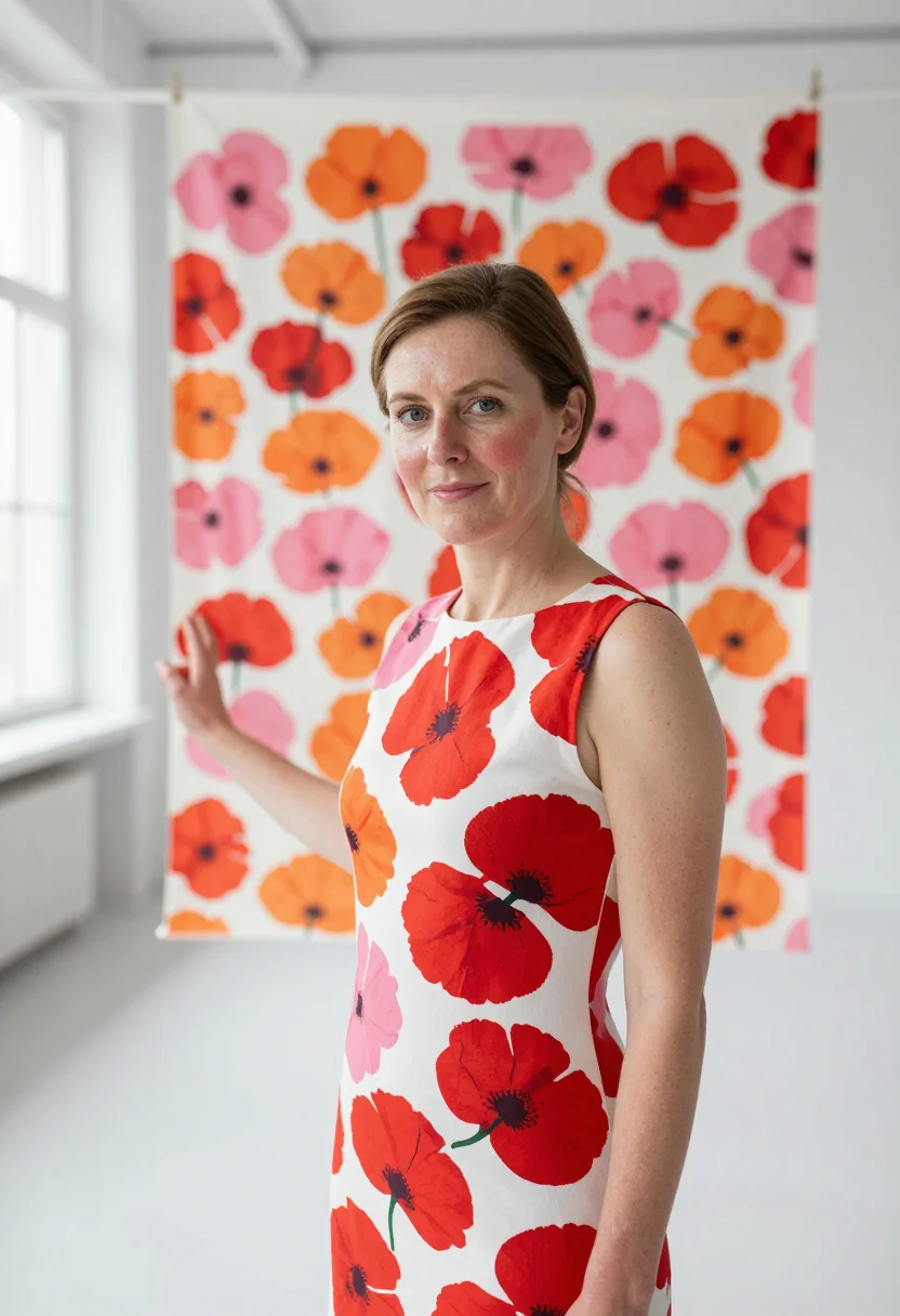 AI maija isola marimekko helsinki unikko may palette sample — portrait of a woman, framed chest-up from the ribs, the body
