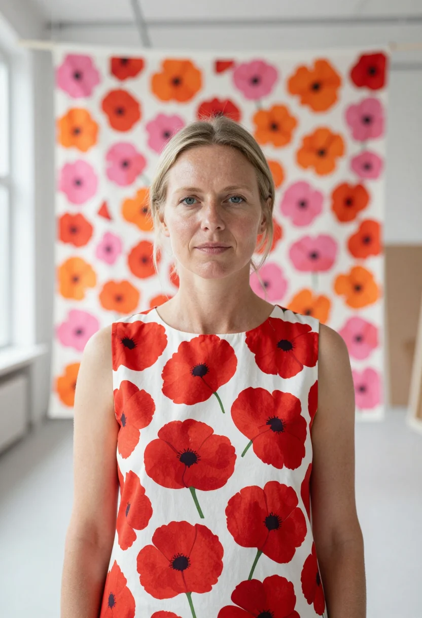 AI maija isola marimekko helsinki unikko may palette sample — portrait of a woman, framed tight, head and shoulders with t