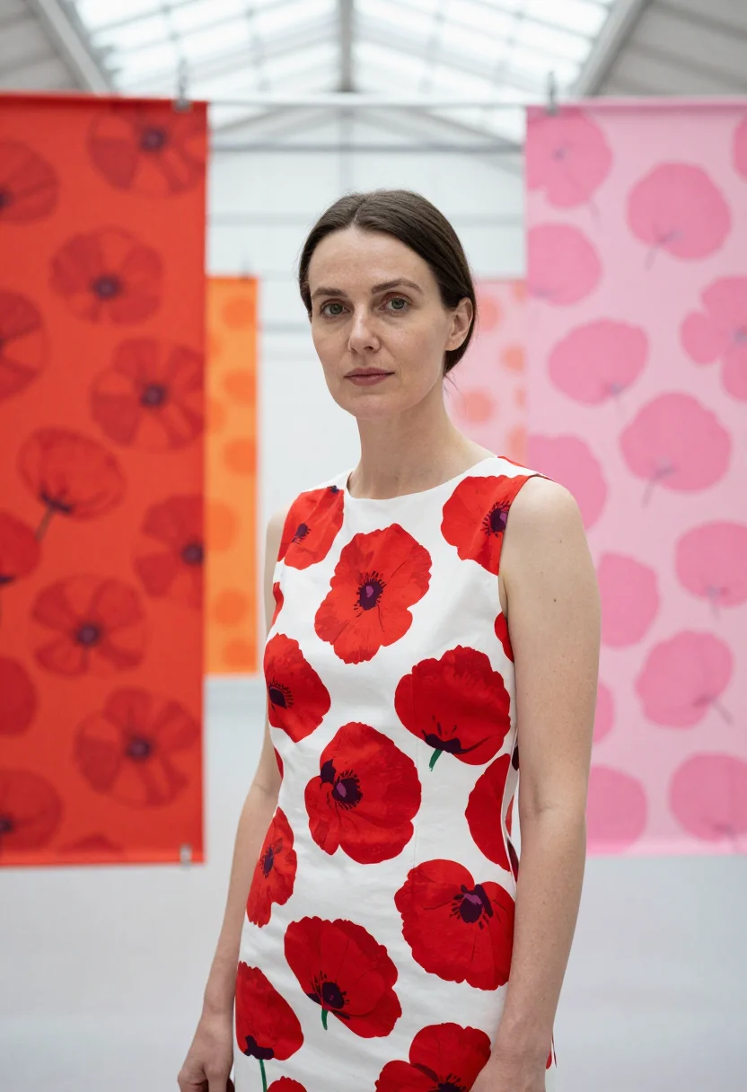 AI maija isola marimekko helsinki unikko may palette sample — portrait of a woman, framed chest-up from mid-torso, the cam