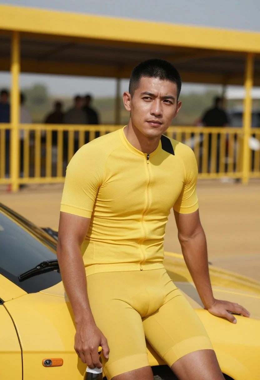 AI maillot jaune sample — portrait of a man, a man in his thirties with golden-tan ski