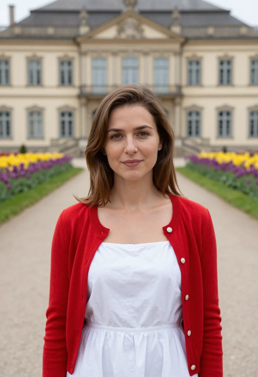 AI mainau flower island tulip april palette sample — portrait of a woman, framed tight, head and shoulders, the b