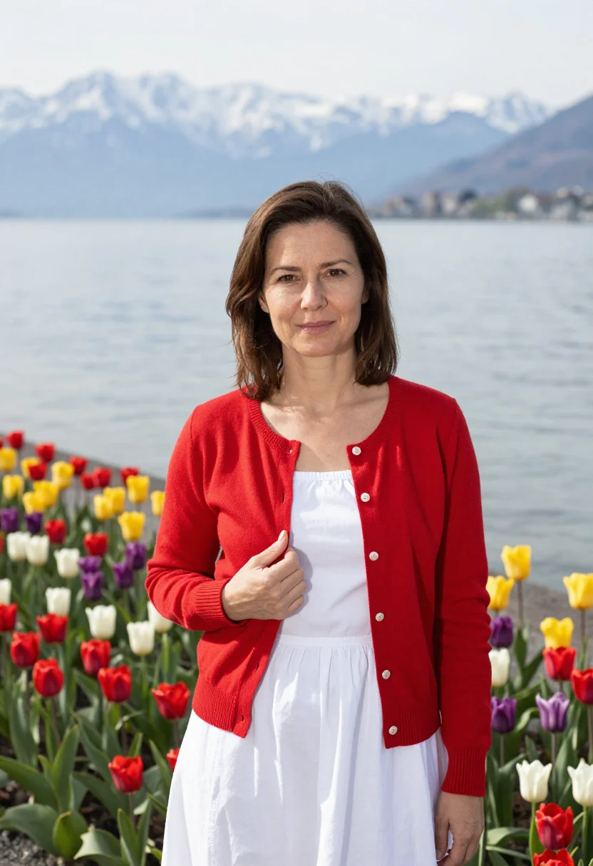 AI mainau flower island tulip april palette sample — portrait of a woman, framed chest-up, cropped at the ribs, t