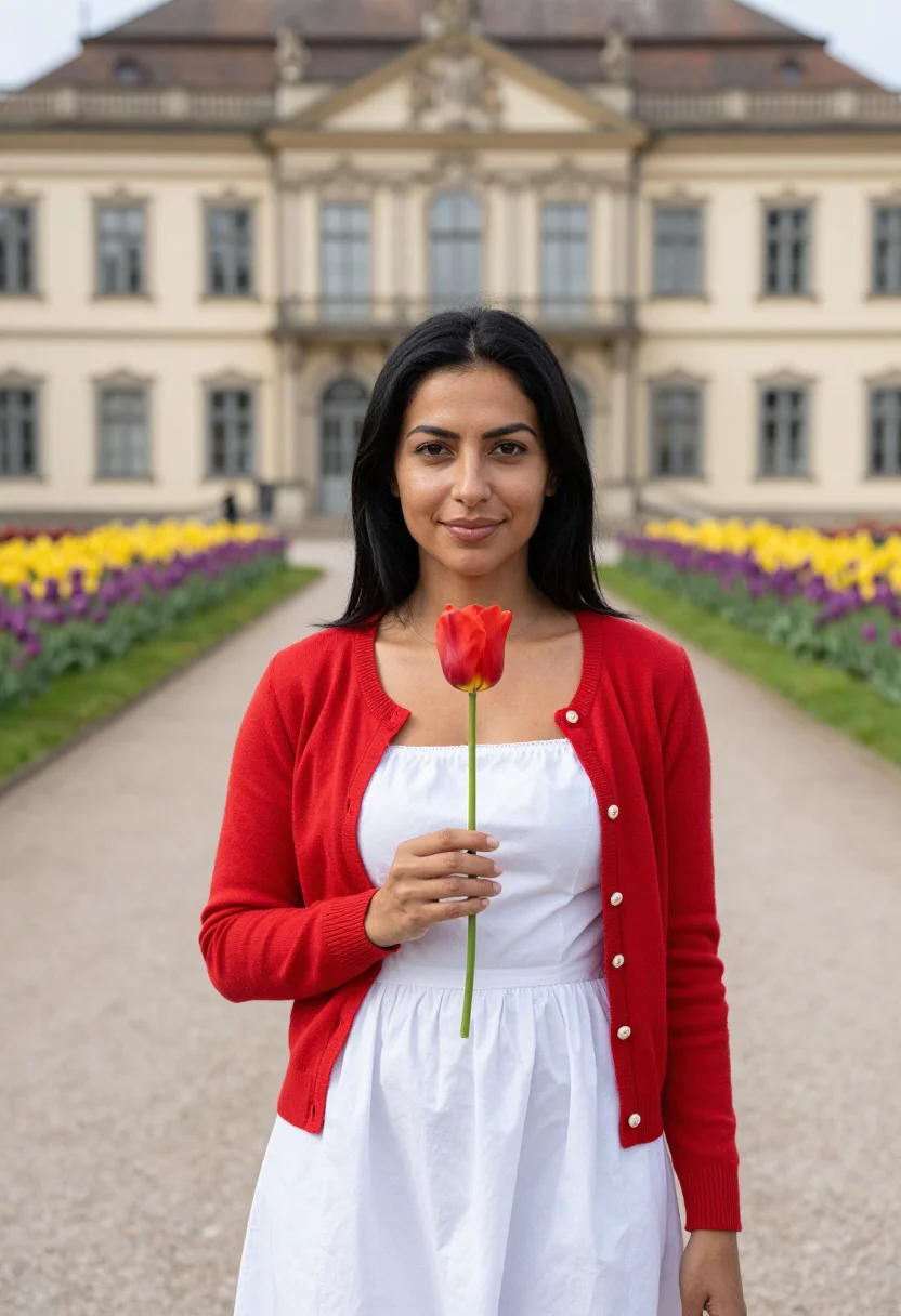 AI mainau flower island tulip april palette sample — portrait of a woman, framed chest-up, cropped at the ribs, t