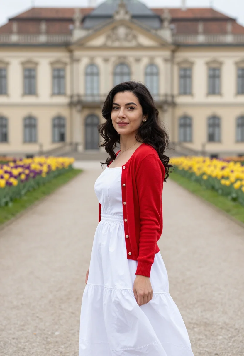 AI mainau flower island tulip april palette sample — portrait of a woman, framed waist-up from the head to the wa