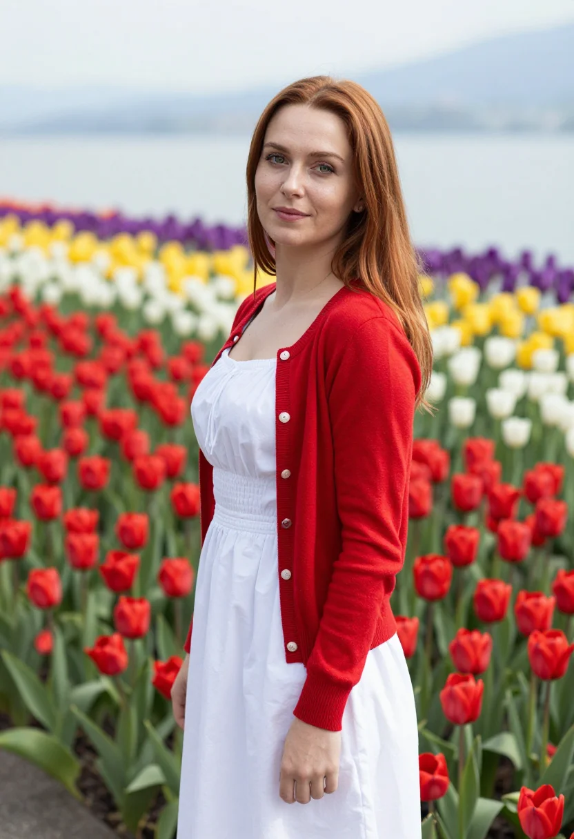 AI mainau flower island tulip april palette sample — portrait of a woman, framed half-length from the head to the