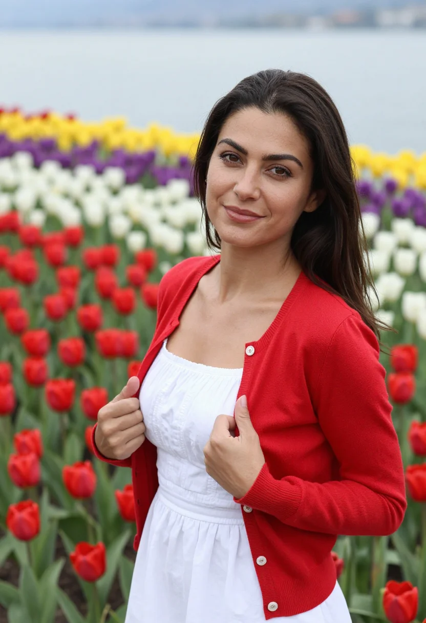 AI mainau flower island tulip april palette sample — portrait of a woman, framed chest-up, cropped at the ribs, t