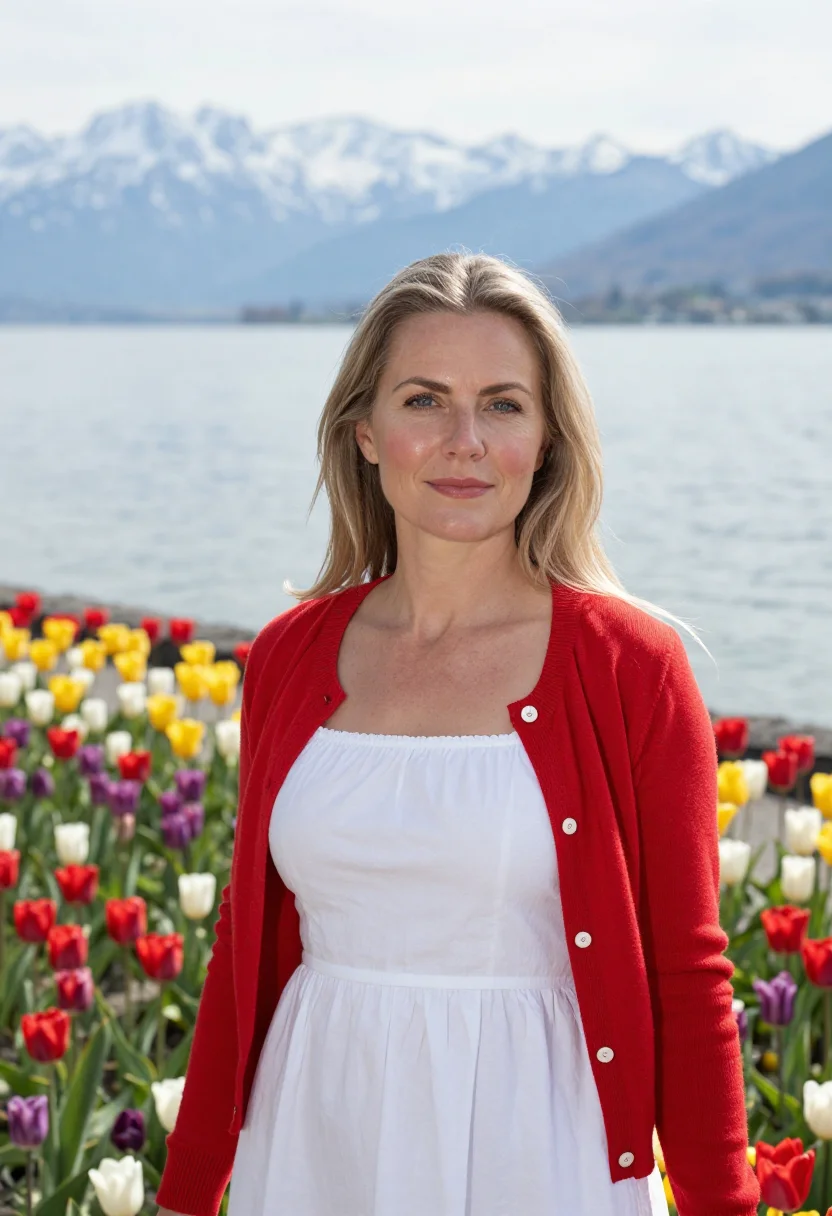 AI mainau flower island tulip april palette sample — portrait of a woman, framed tight, head and shoulders, the b