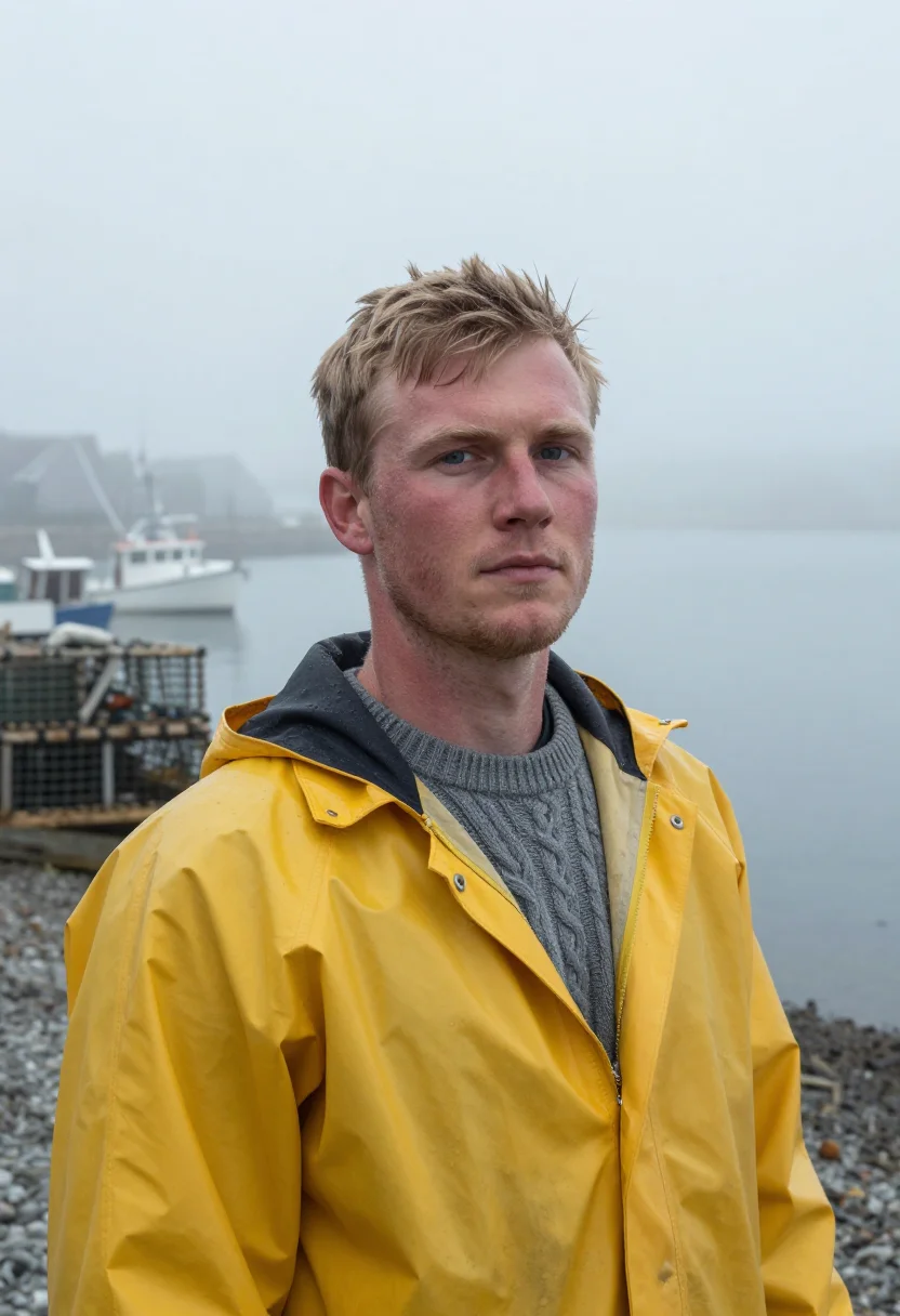 AI maine lobsterman fog yellow sample — portrait of a man, head-and-shoulders portrait of a lobster