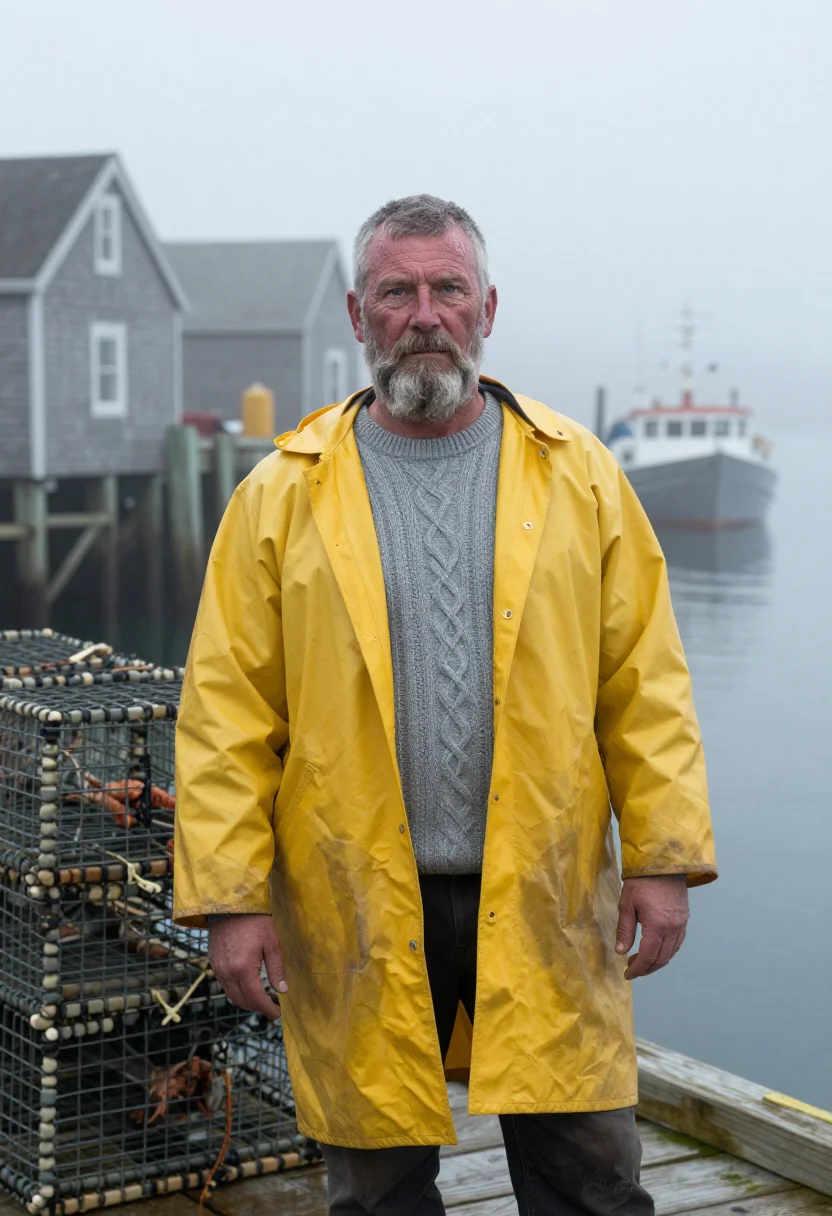 AI maine lobsterman fog yellow sample — portrait of a man, half-length portrait of a lobster fisher