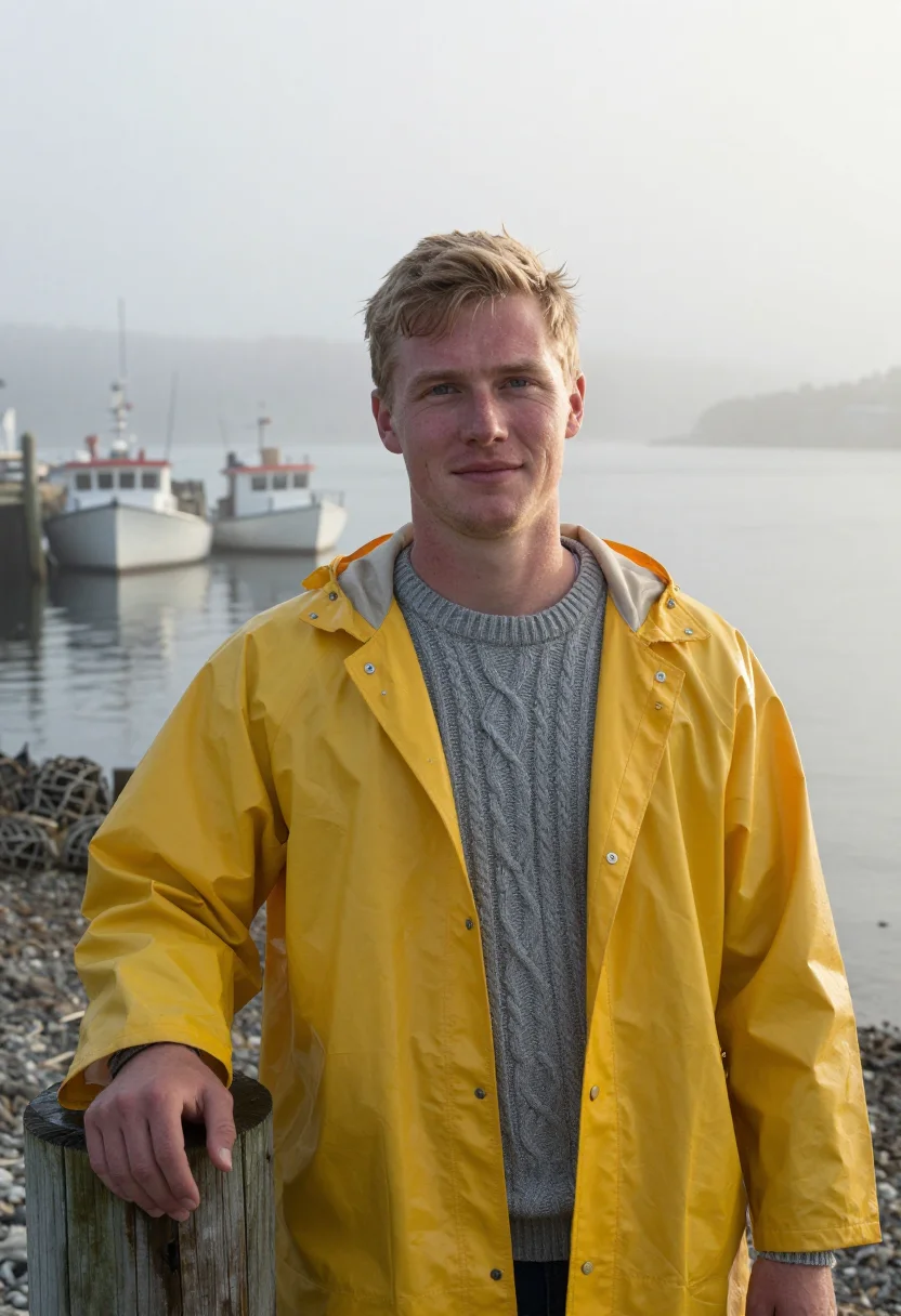 AI maine lobsterman fog yellow sample — portrait of a man, chest-up portrait of a lobster fisher at