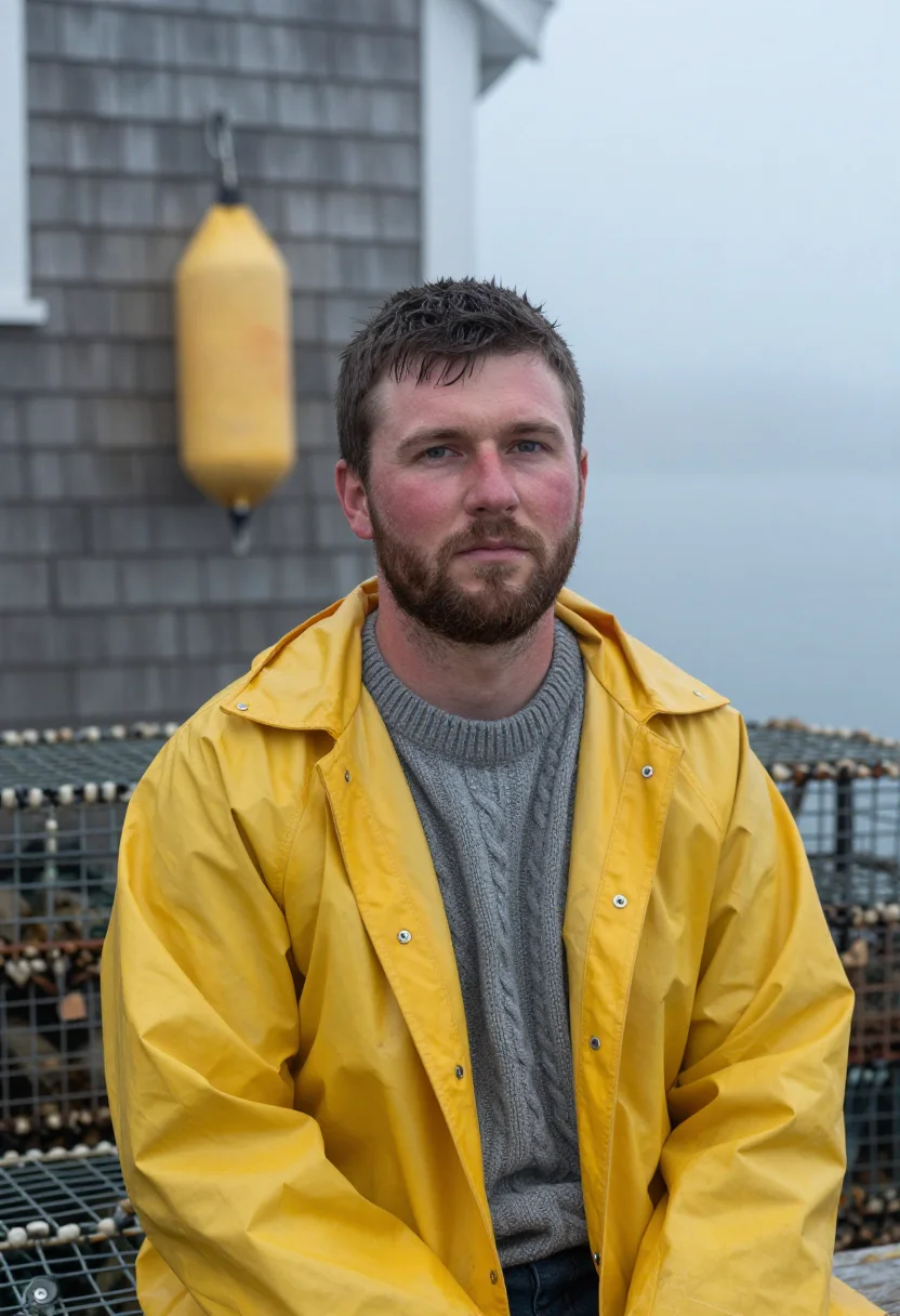 AI maine lobsterman fog yellow sample — portrait of a man, head-and-shoulders portrait of a lobster