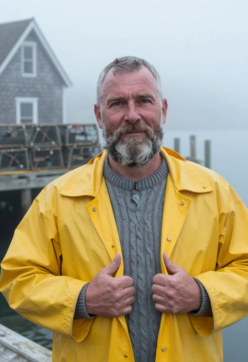 AI maine lobsterman fog yellow sample — portrait of a man, chest-up portrait of a lobster fisher on