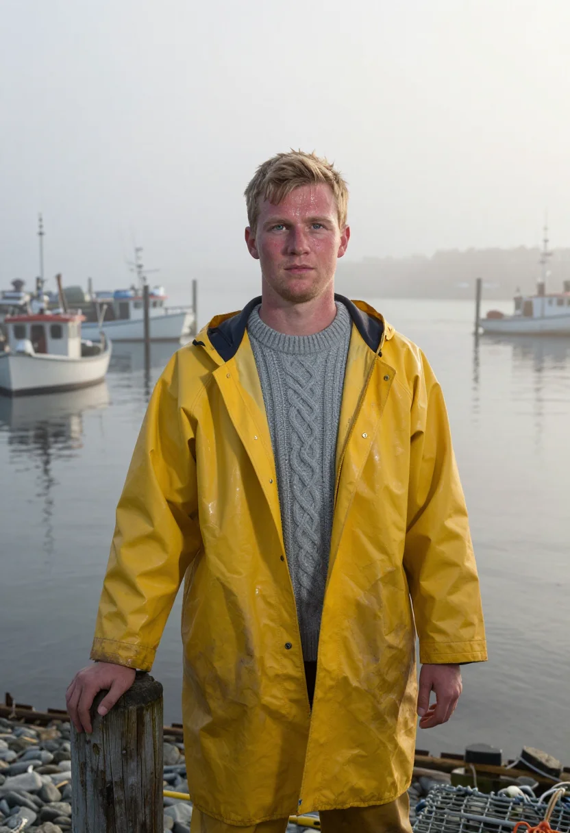 AI maine lobsterman fog yellow sample — portrait of a man, half-length portrait of a lobster fisher
