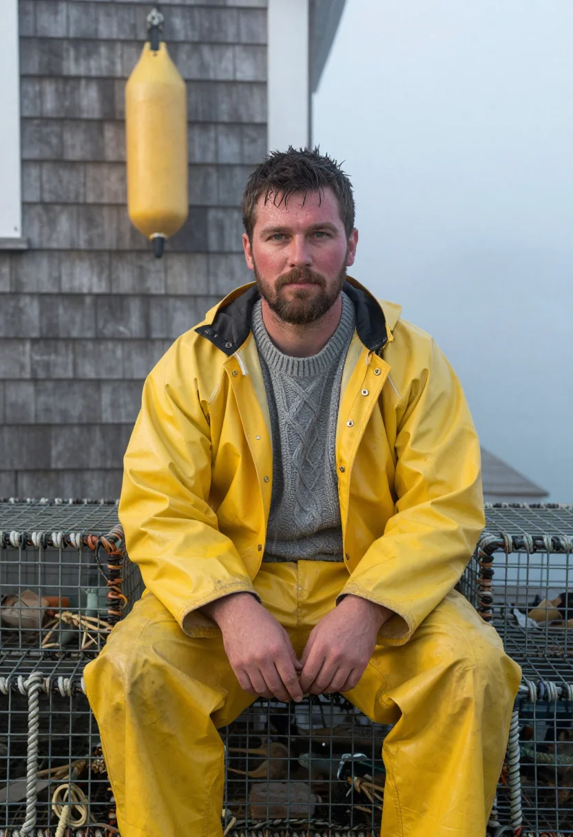 AI maine lobsterman fog yellow sample — portrait of a man, three-quarter-length seated portrait of a