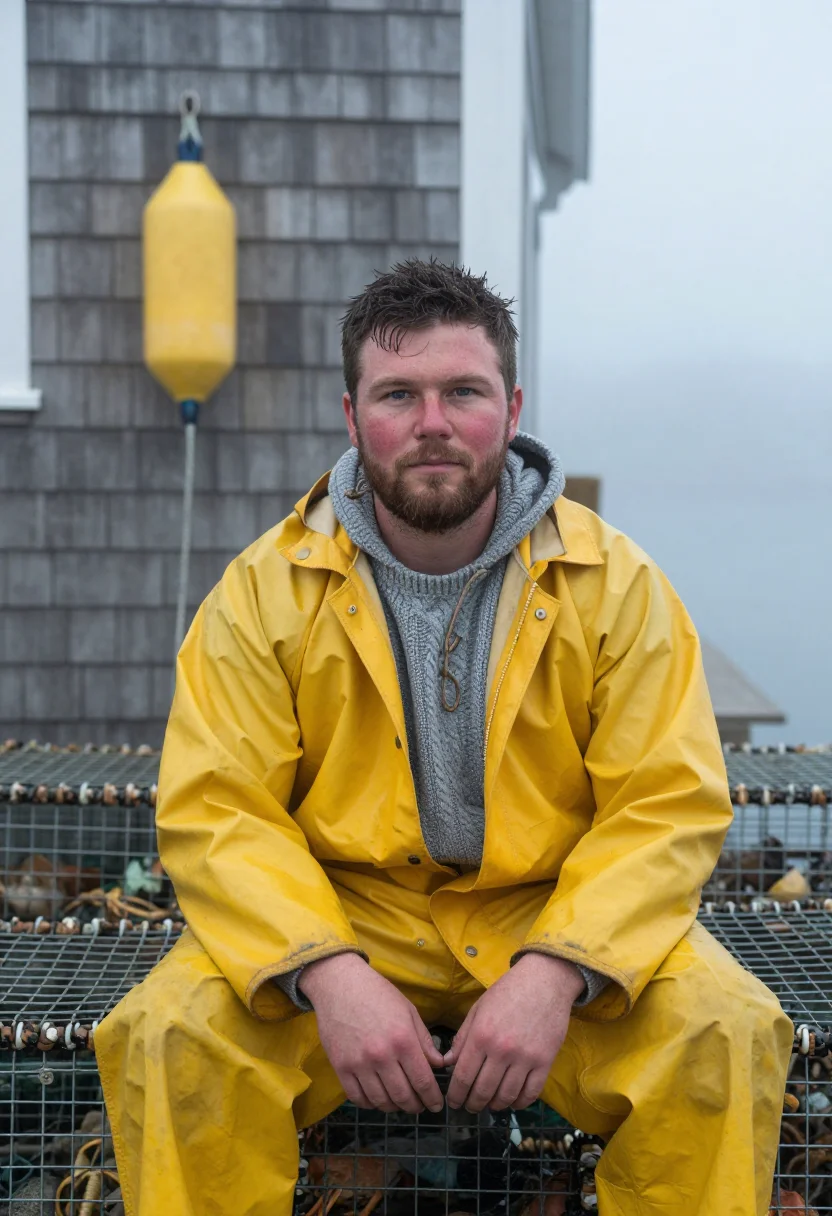 AI maine lobsterman fog yellow sample — portrait of a man, chest-up portrait of a lobster fisher sea