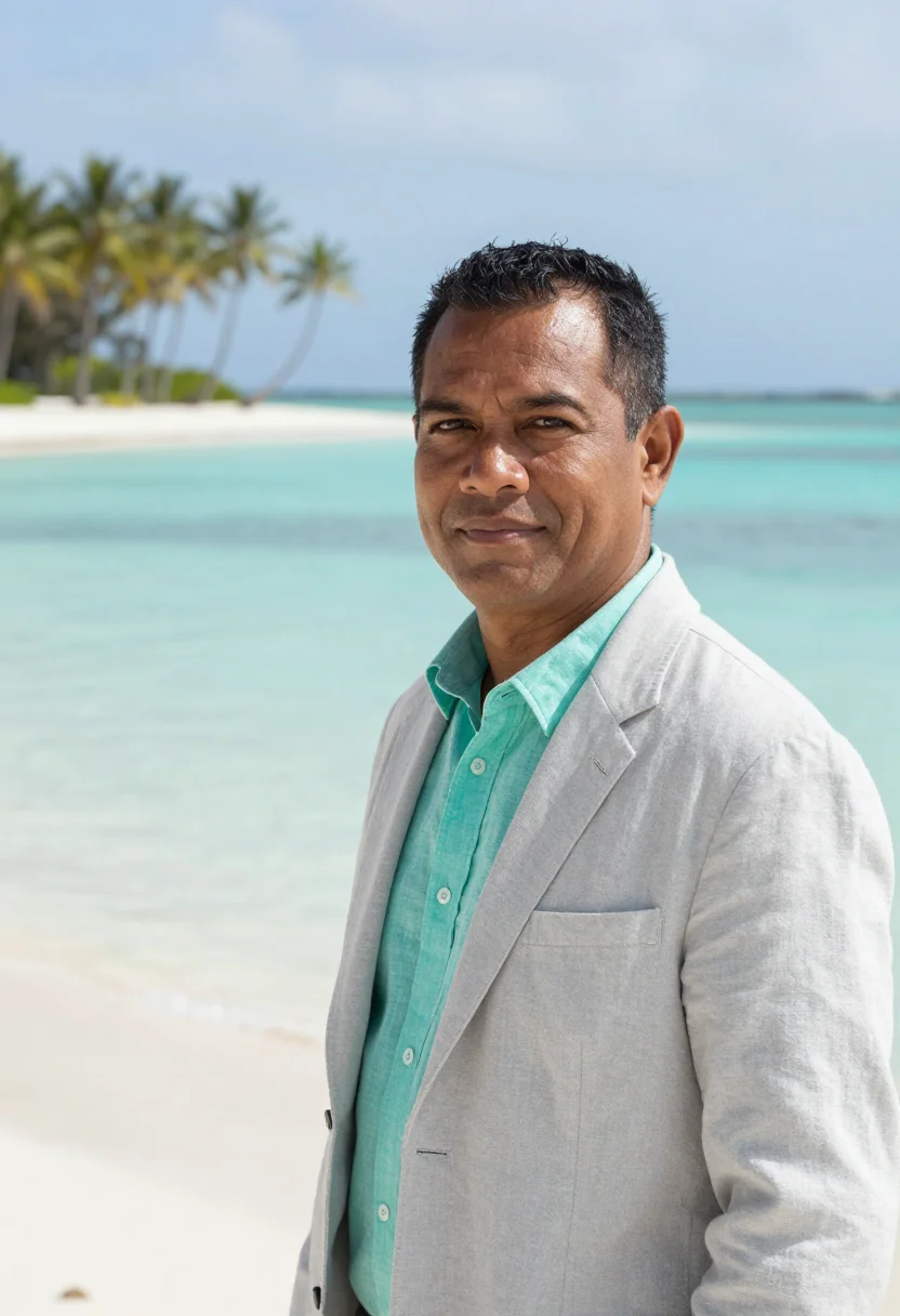 AI majuro climate scientist atoll aquamarine sample — portrait of a man, a climate scientist, a Fijian man in his