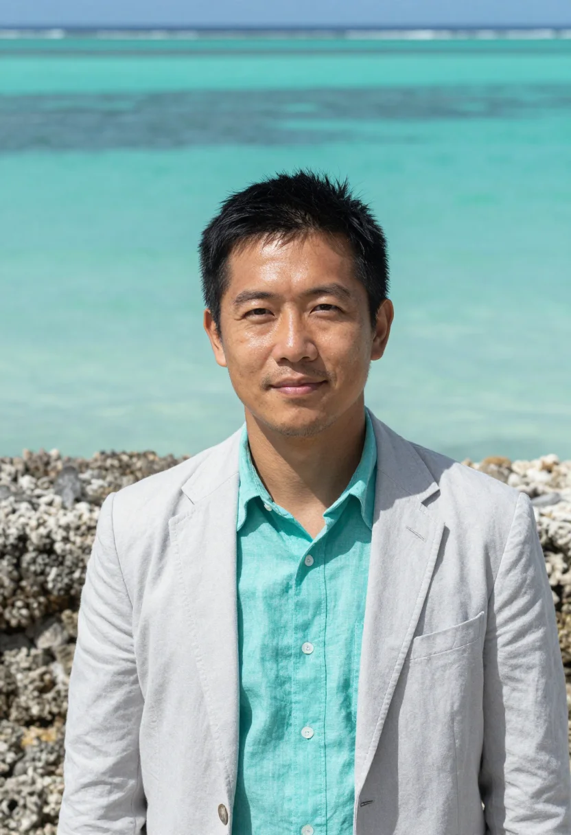 AI majuro climate scientist atoll aquamarine sample — portrait of a man, a climate scientist, a Japanese man in hi
