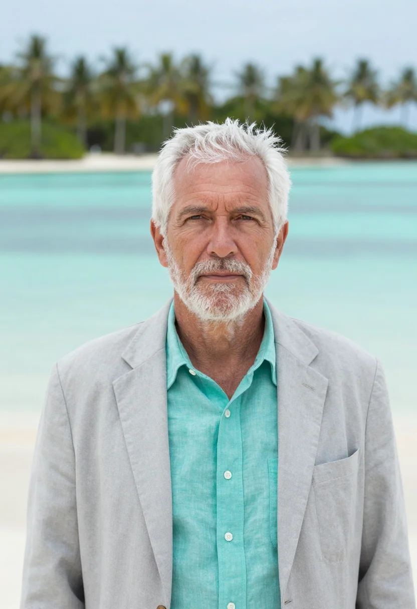 AI majuro climate scientist atoll aquamarine sample — portrait of a man, a climate scientist in his early sixties