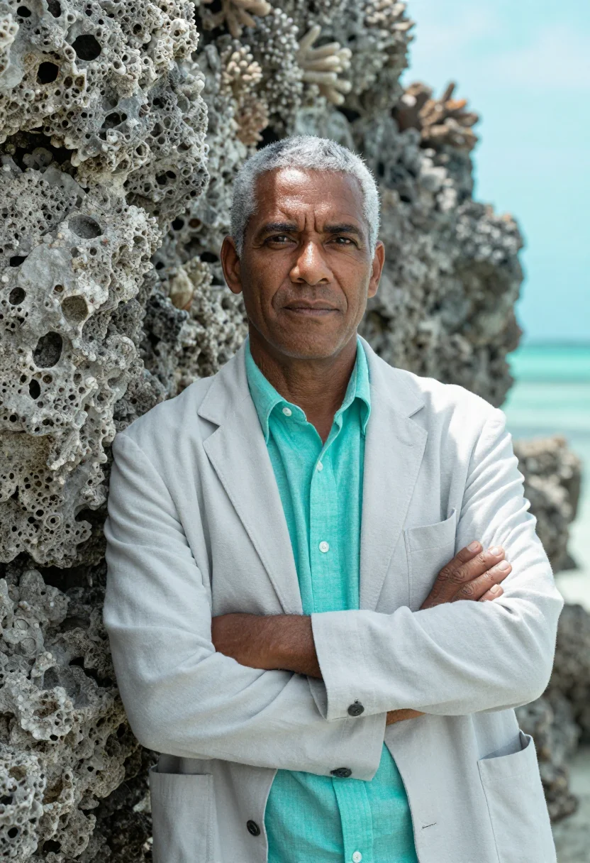 AI majuro climate scientist atoll aquamarine sample — portrait of a man, a climate scientist in his late fifties w