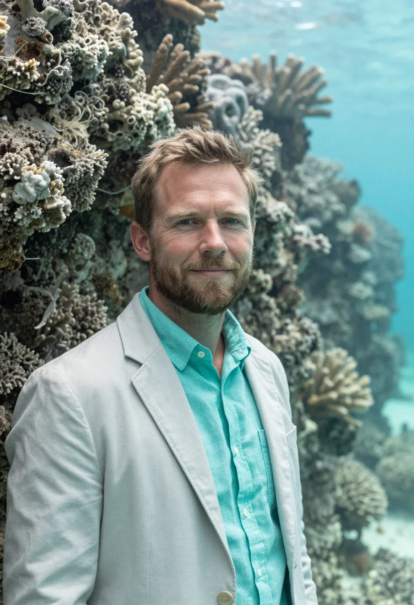 AI majuro climate scientist atoll aquamarine sample — portrait of a man, a climate scientist in his late thirties