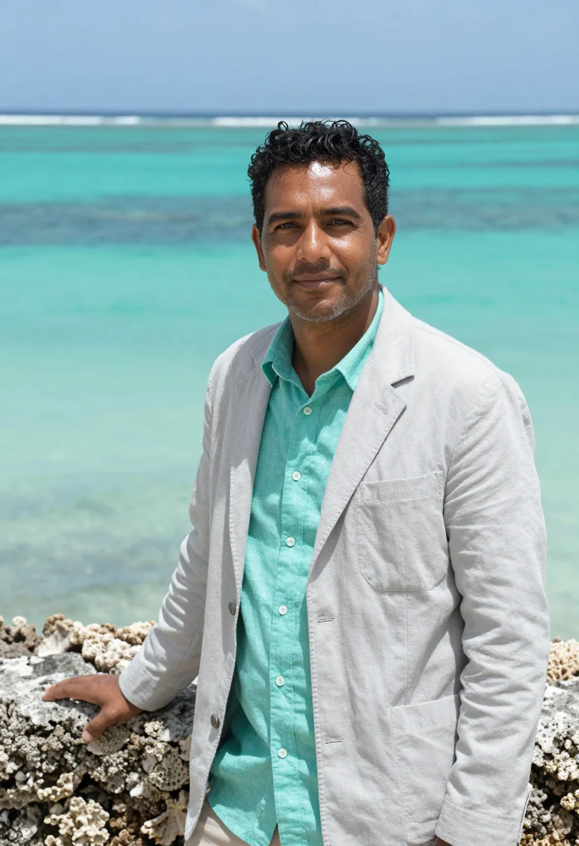 AI majuro climate scientist atoll aquamarine sample — portrait of a man, a climate scientist in his mid-forties wi