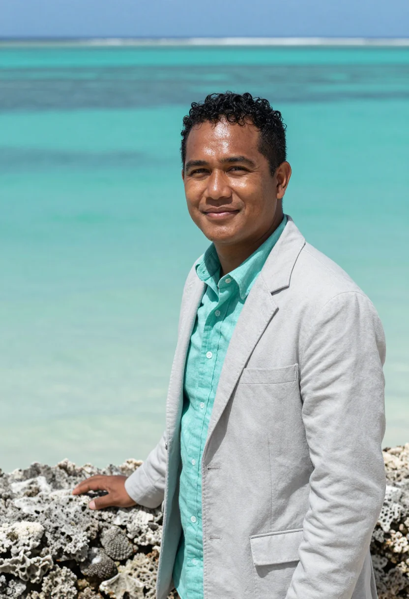 AI majuro climate scientist atoll aquamarine sample — portrait of a man, a climate scientist, a Micronesian man in
