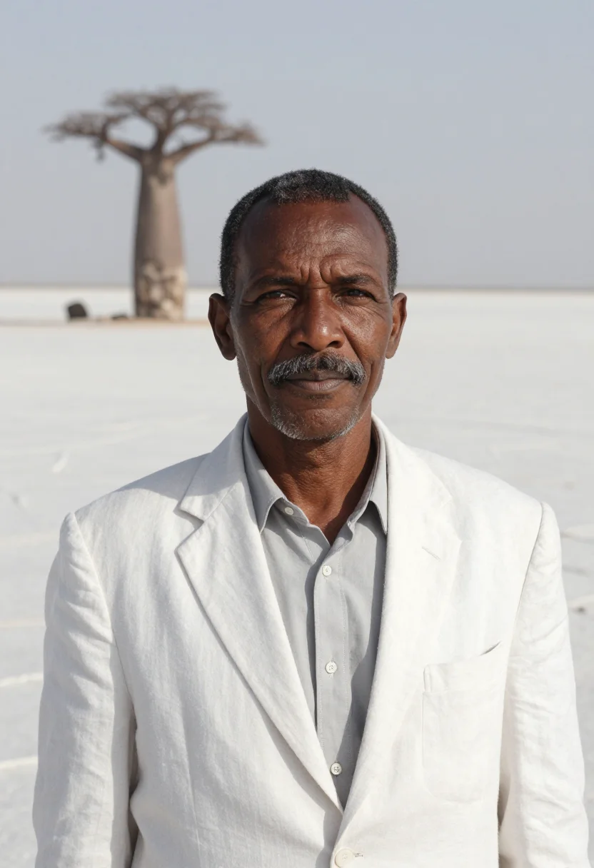 AI makgadikgadi geologist salt pan white baobab sample — portrait of a man, a Tswana geologist in his early fifties w